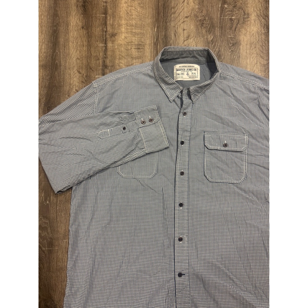 Nautica Jeans Co Mens XXL Blue White Gingham Long Sleeve Button Down Shirt NJ-99